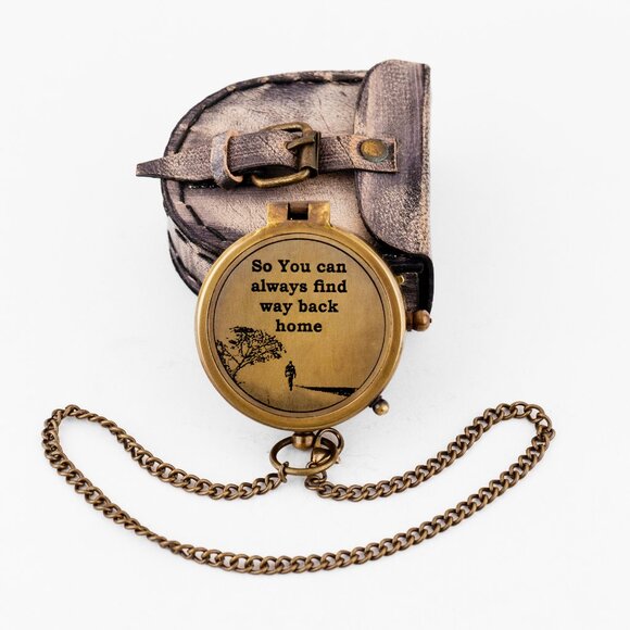 Vintage Brass Compass 2" Engraved "Find Your Way Back Home w/ Leather Cover - Picture 14 of 16